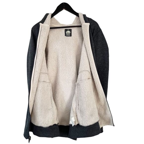 Roots Dark Grey Asymmetrical Zipper Tunic Length Sherpa Lining Hooded Sweater - Picture 3 of 10